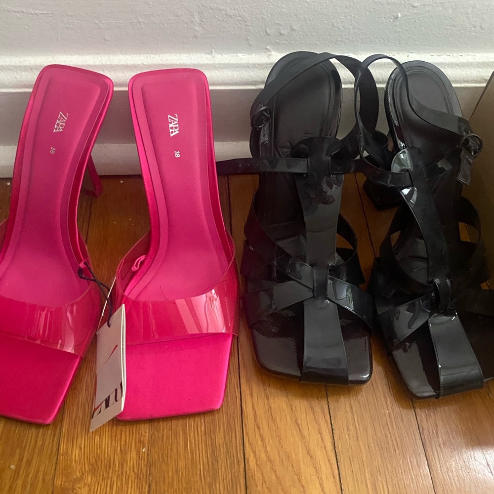 Zara Women's Vibrant Pink and Sleek Brownish Heels. Selling both pairs together.